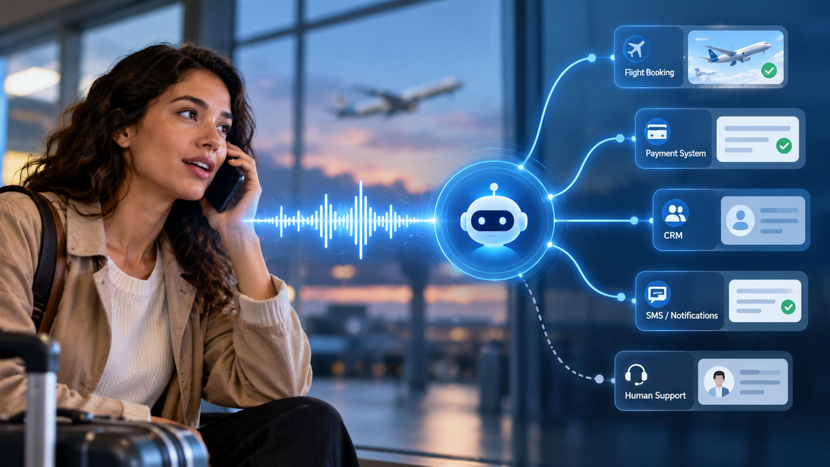 A phone call soundwave branching into connected business system icons