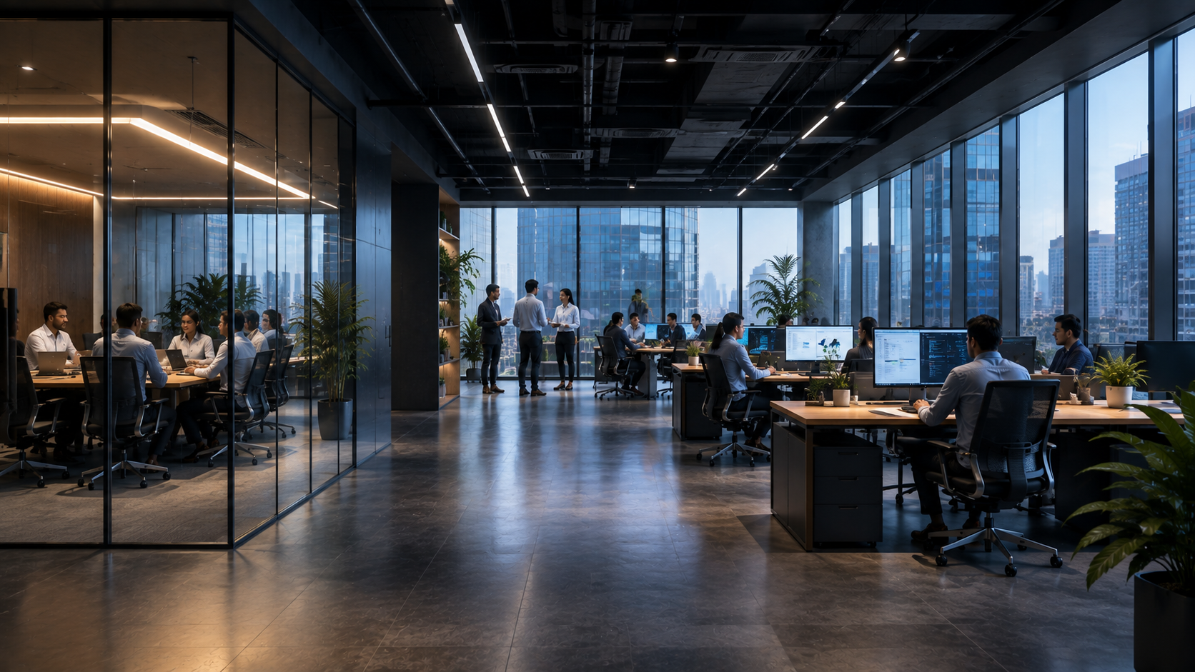 Emscale consultants meeting customers in a bright glass-walled office