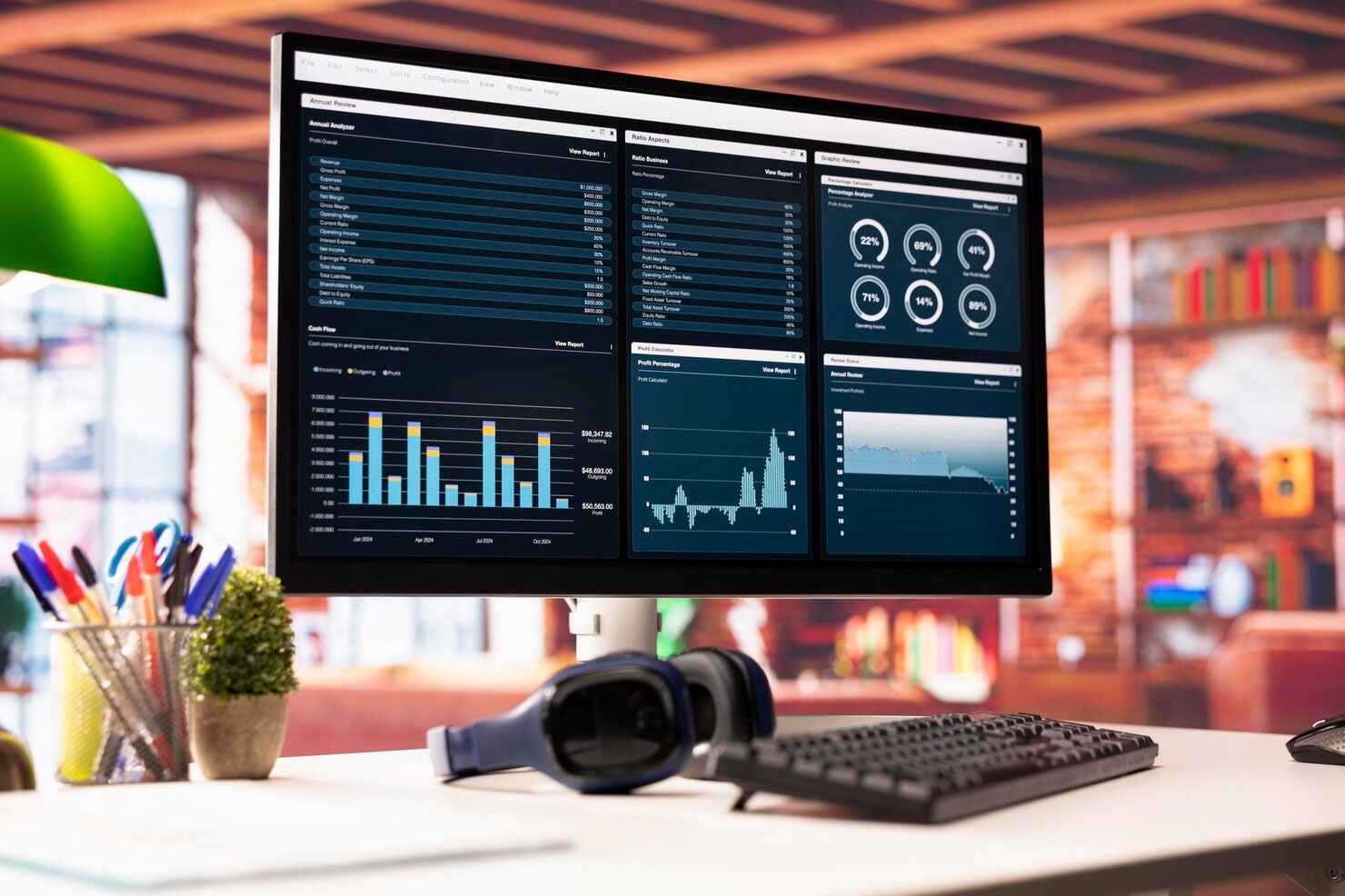 A financial analytics dashboard with revenue, ratio and profit charts on a desk monitor