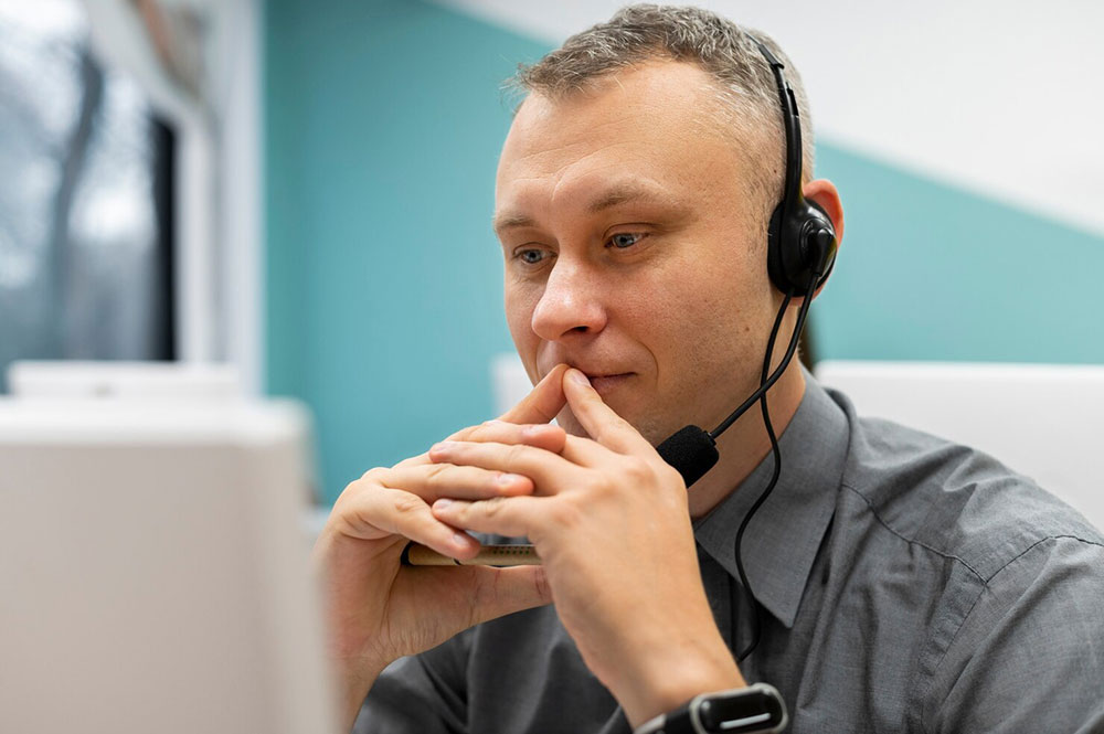 A banking service agent on a headset pausing to assess a customer's request