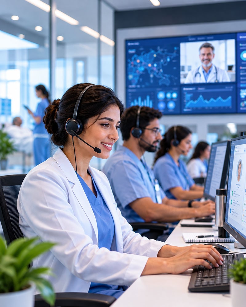 Healthcare contact center agents on headsets working across patient and provider systems