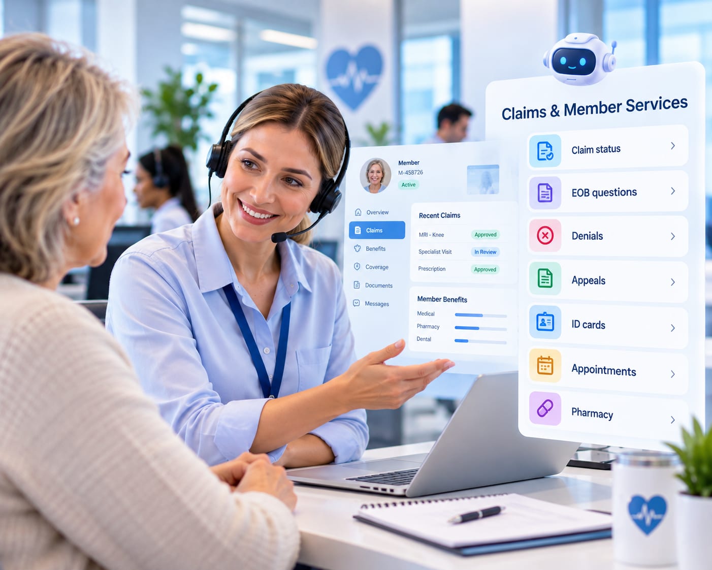 A member services agent on a headset helping a member with claim status, benefits and EOB questions