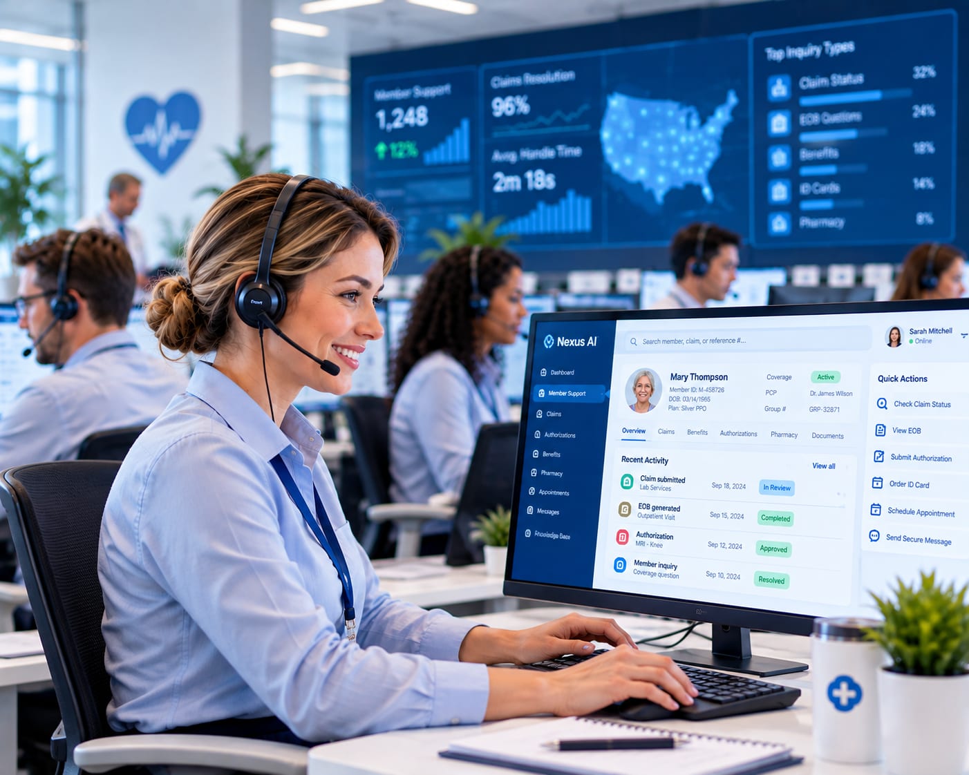 Healthcare contact center agents on headsets working member support with a live NexusAI dashboard