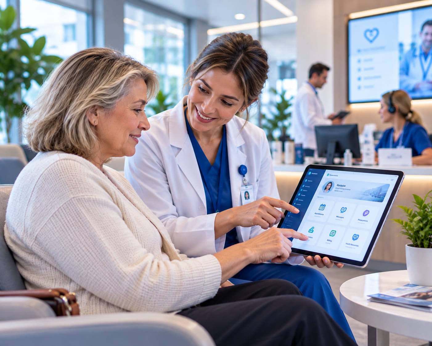 A clinician helping a health plan member review coverage on a digital healthcare portal tablet