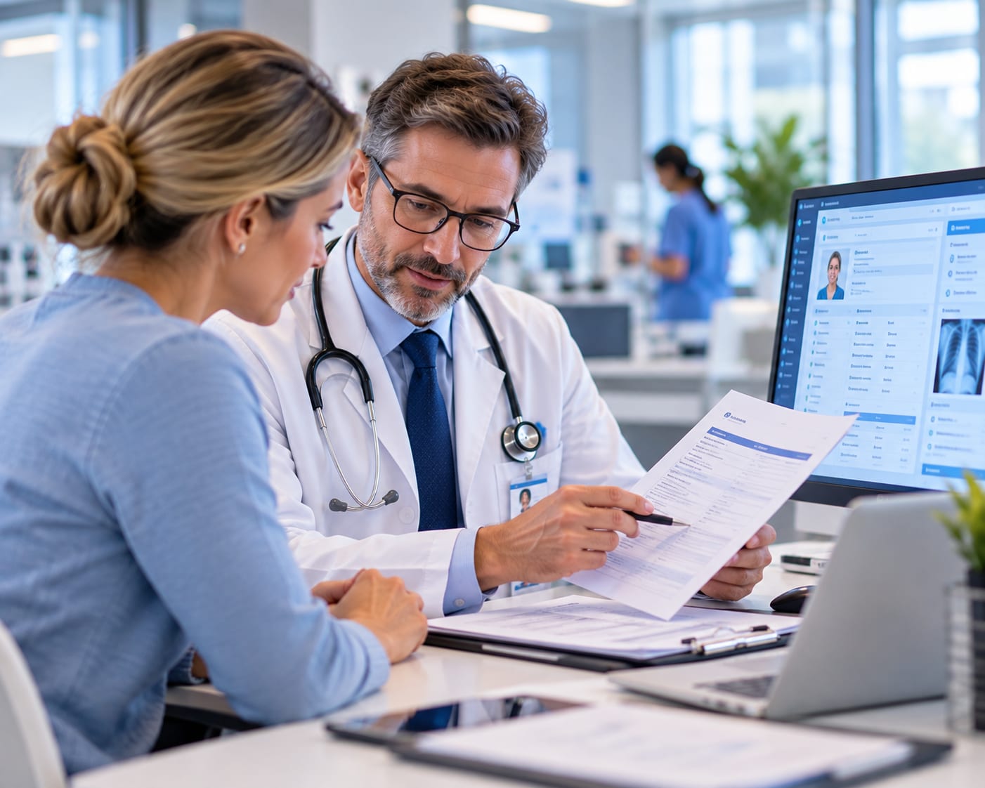 A doctor reviewing a prior authorization form with a patient beside a screen of medical records
