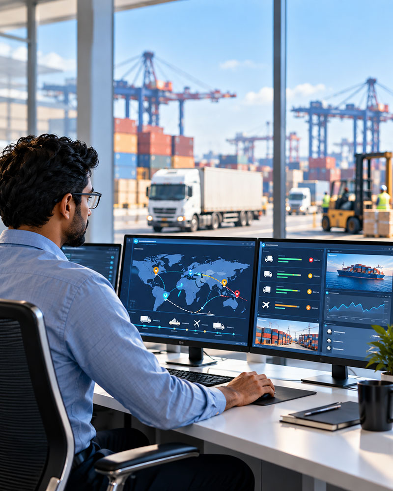 A logistics operations professional monitoring a shipment-tracking dashboard with a global route map and fleet status, overlooking a container port