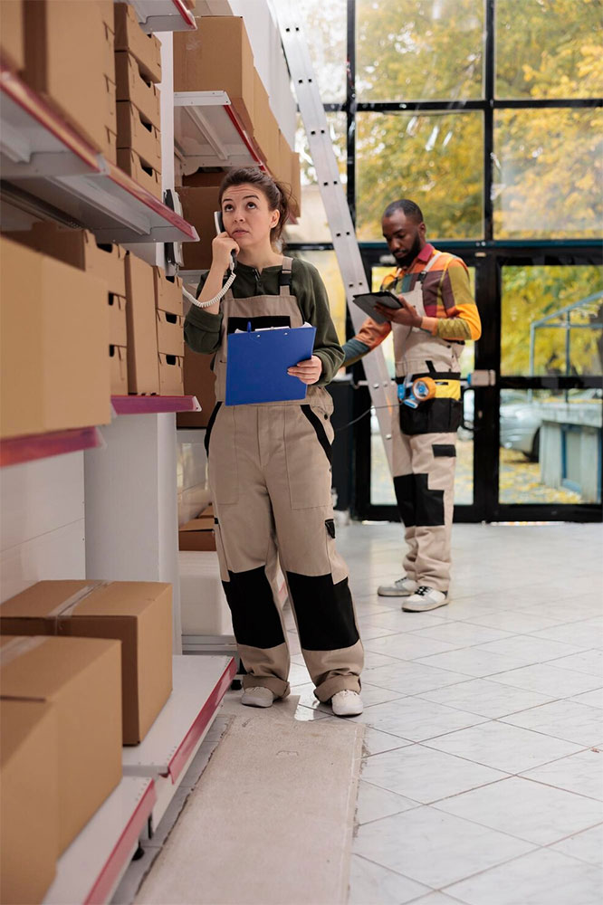 Warehouse staff handling a shipment enquiry — one on the phone with a clipboard, another checking a tablet