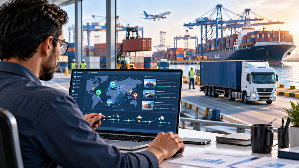 A logistics professional tracking shipments on a laptop route map and milestone timeline, with a container port, cargo ship and truck in view