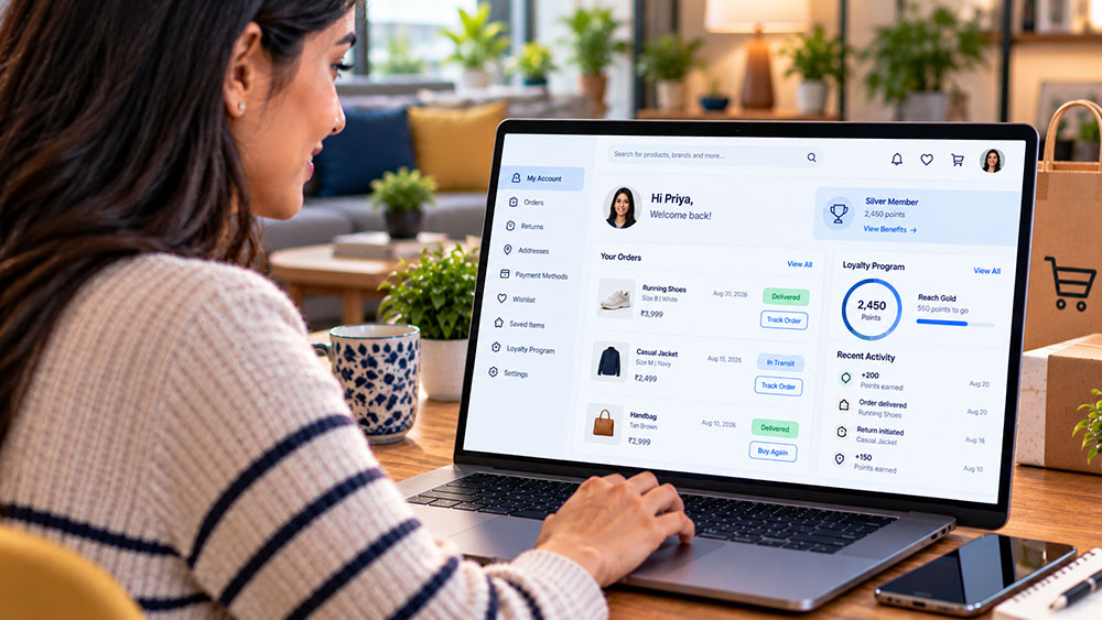 A shopper managing her online account on a laptop - recent orders, order tracking and loyalty points on screen