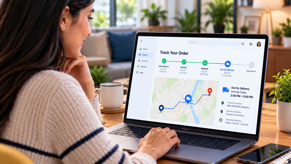 A shopper tracking an online order on a laptop - delivery progress, route map and arrival window on screen