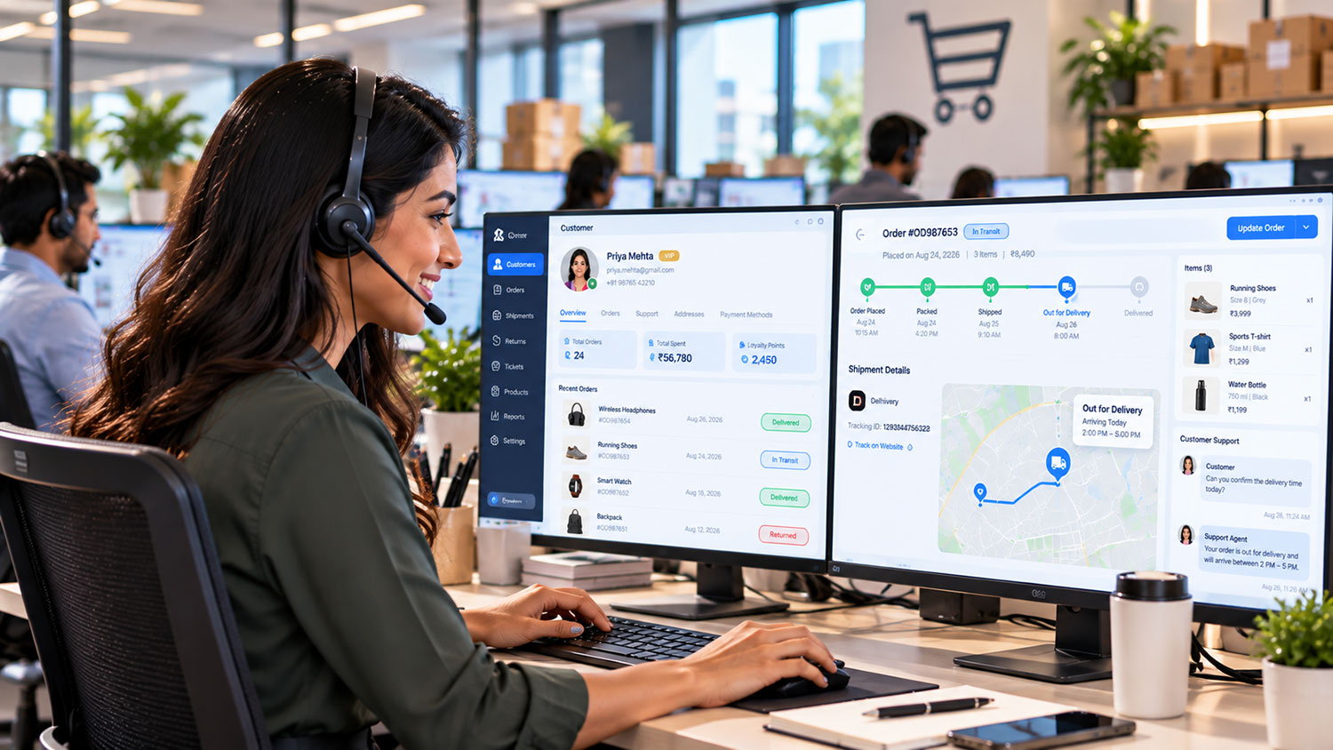 A customer-service agent on a headset working a retail order across customer, order-tracking and shipment screens