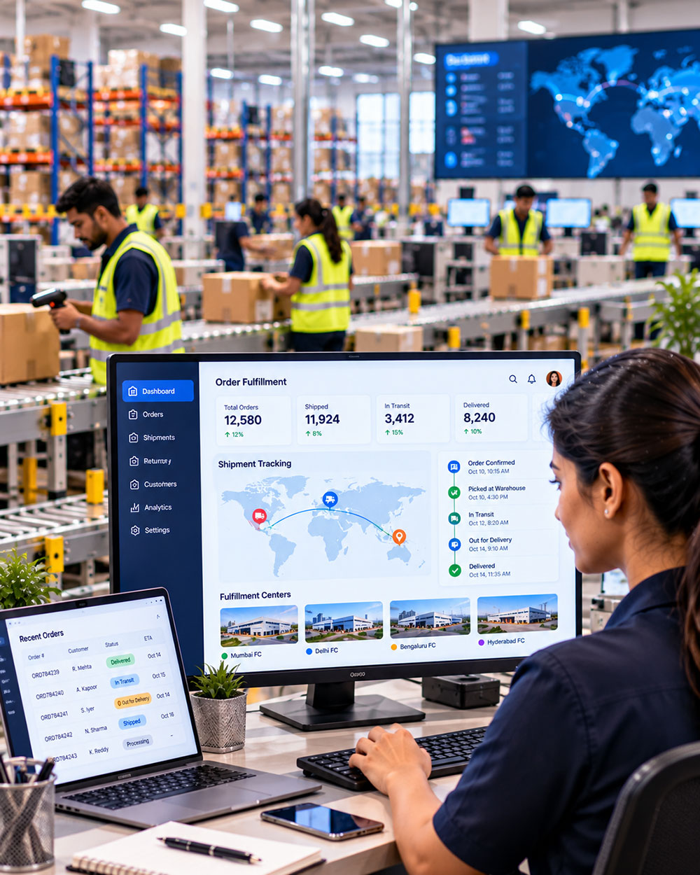 An operator monitoring an order-fulfillment dashboard in a large e-commerce fulfillment center, with warehouse teams packing orders behind her