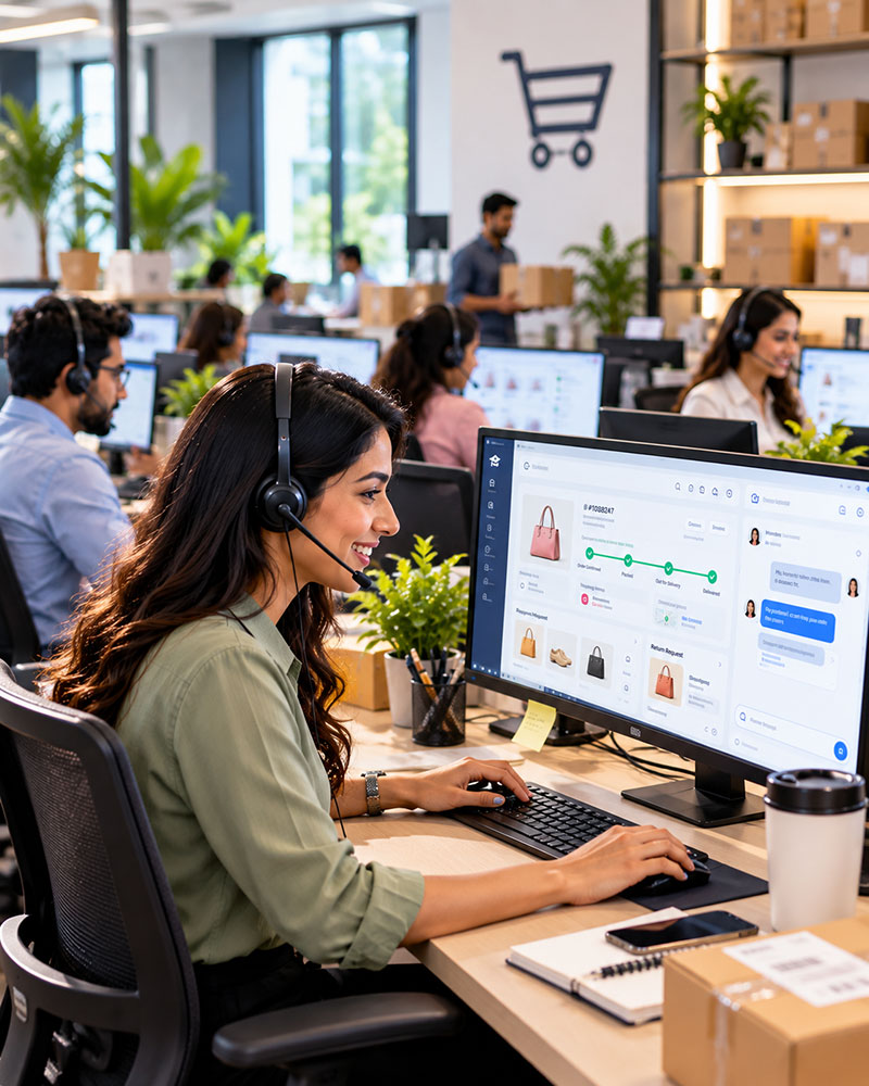 Retail customer-service agents on headsets handling order and return requests across commerce screens in a busy contact center