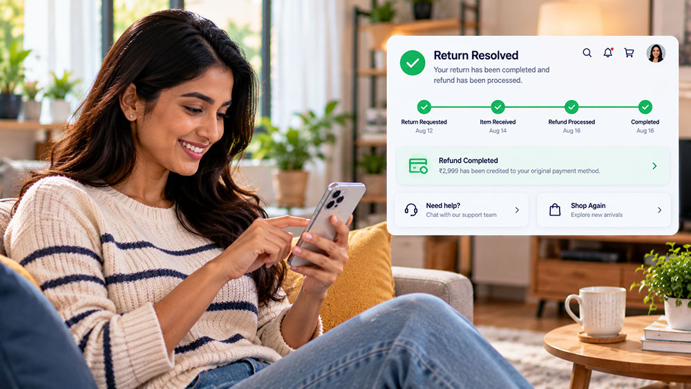 A shopper smiling at her phone as a return-resolved confirmation shows her refund completed