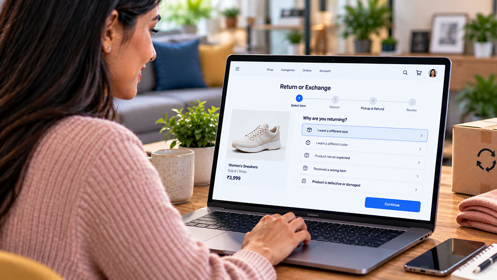 A shopper starting a return or exchange for a pair of sneakers on a laptop, choosing a return reason