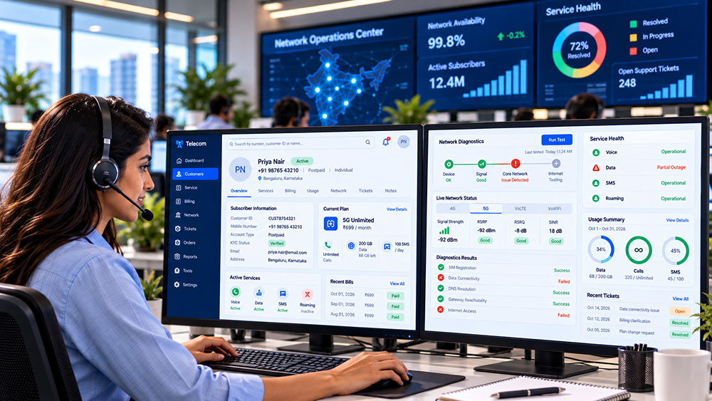 Telecom agent on a headset working a subscriber-management console, with account, billing, network-diagnostics and service-health panels across two monitors