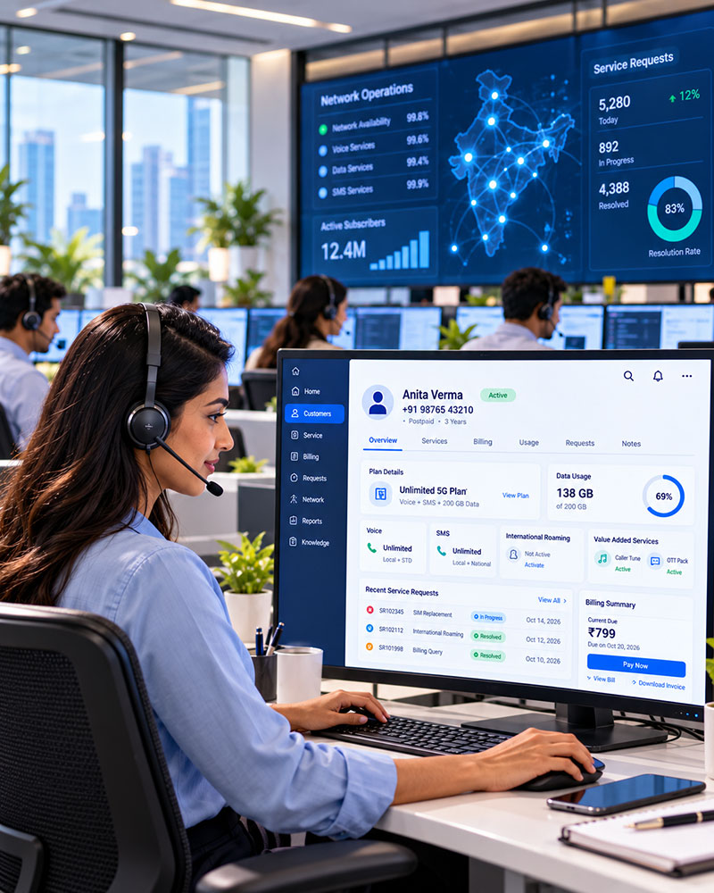 Telecom contact-center agent on a headset working a subscriber profile, with live network-operations and service-request dashboards behind her