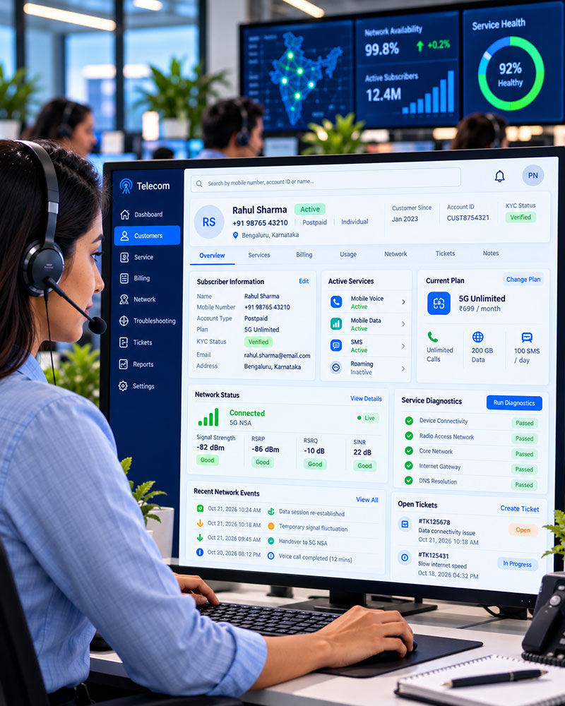 Telecom support agent on a headset resolving a subscriber's data-connectivity ticket, with network status, service diagnostics and recent network events on screen