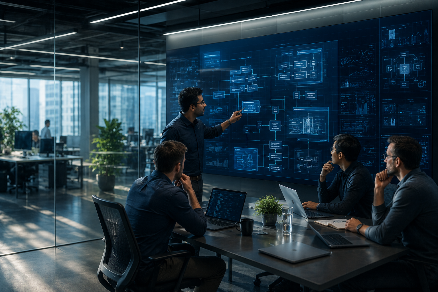 Enterprise architects reviewing a large-scale system diagram