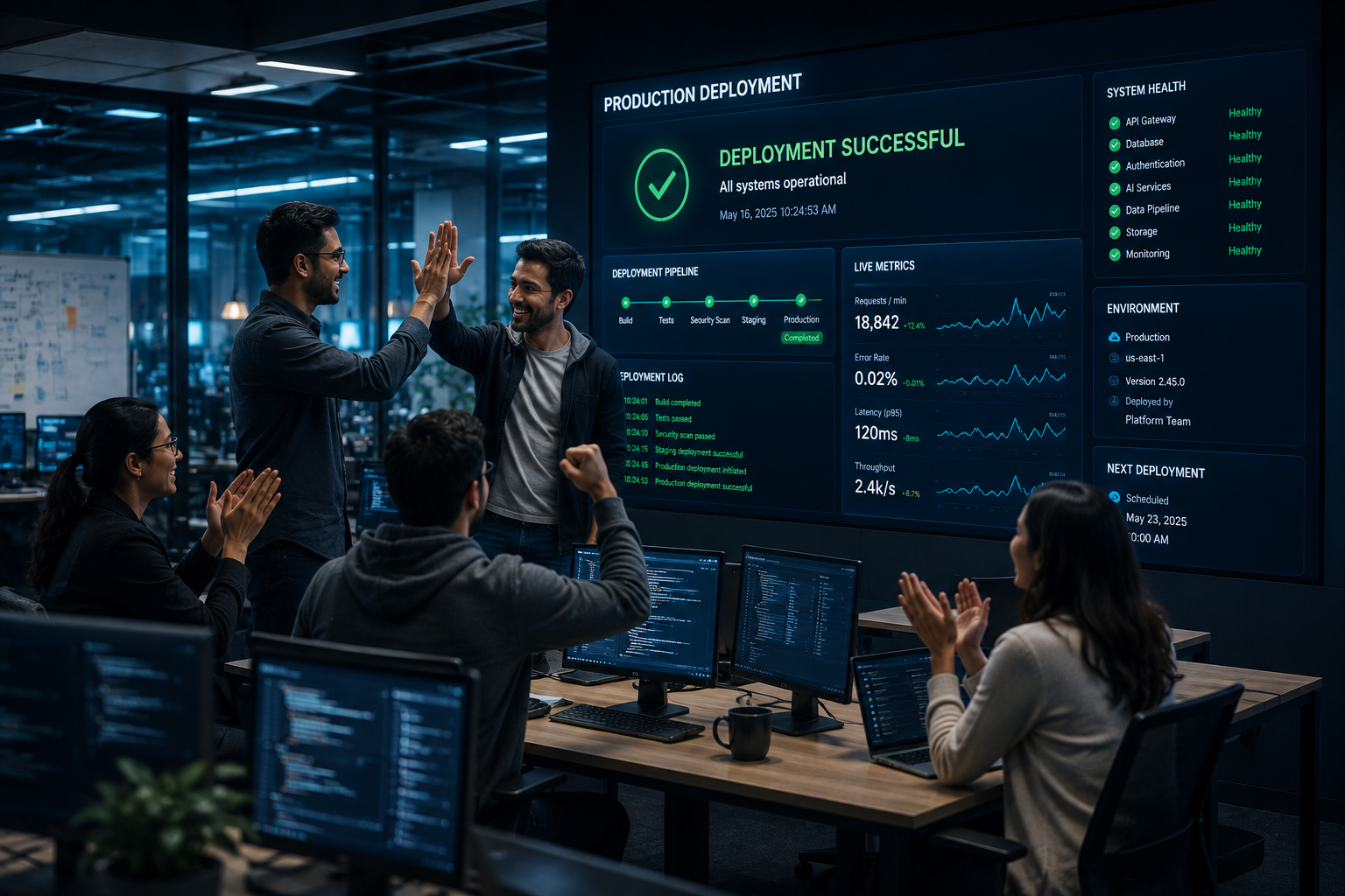 Engineering team confirming a successful production deployment