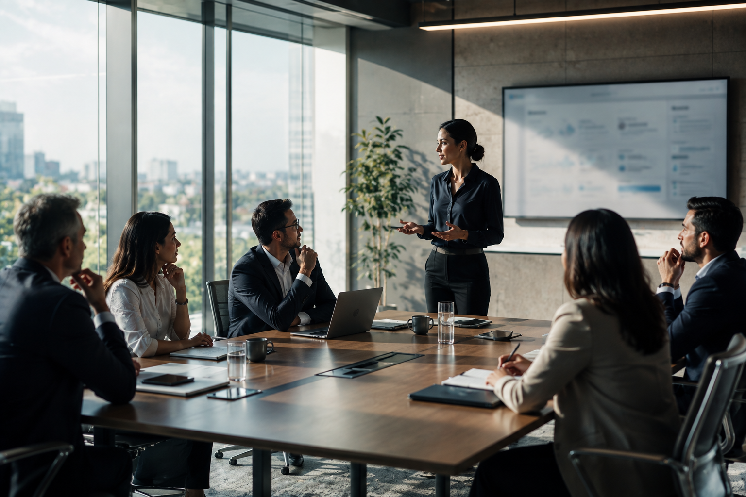 Executive briefing in a daylit glass meeting room