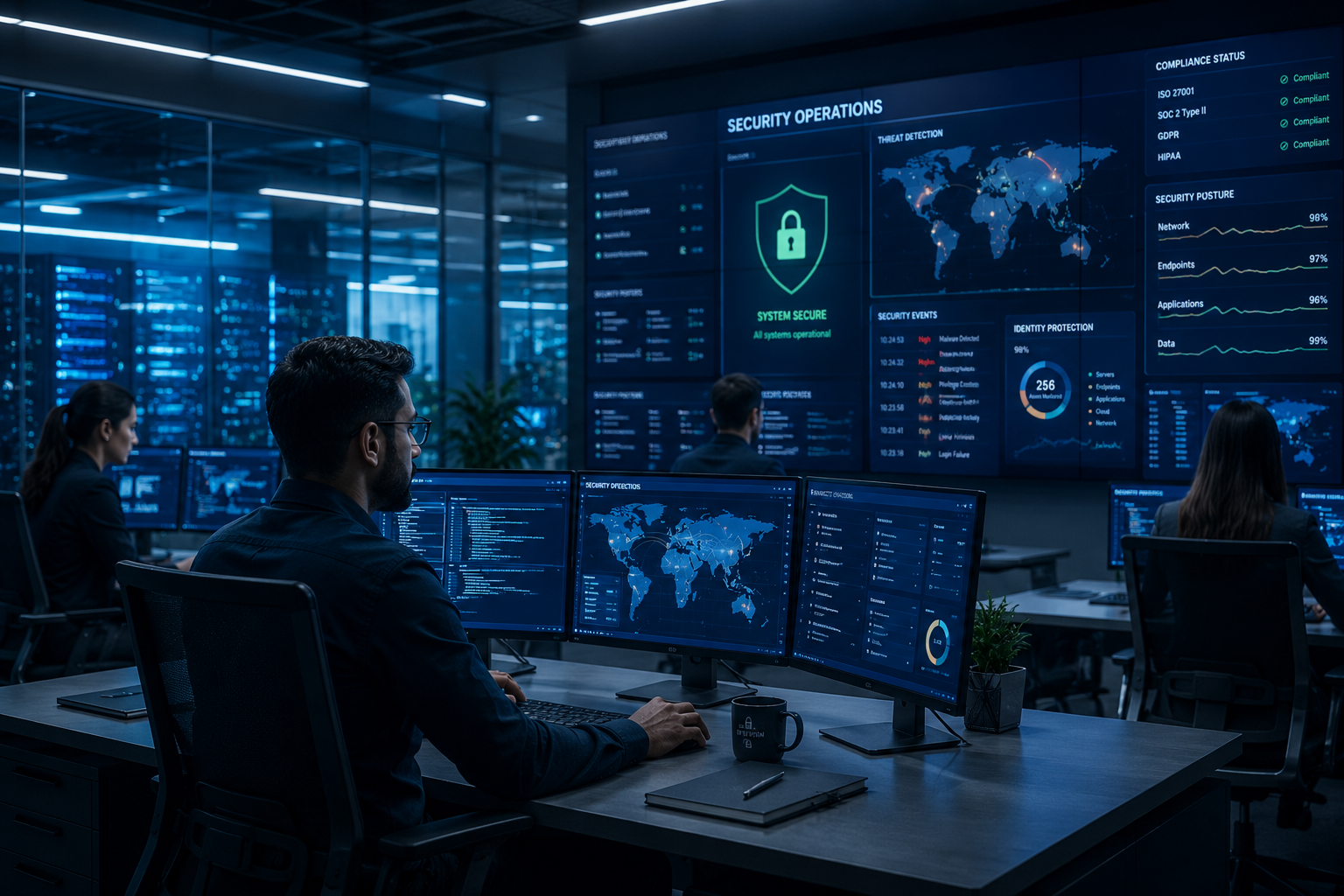 Security operations centre with engineers monitoring secure systems